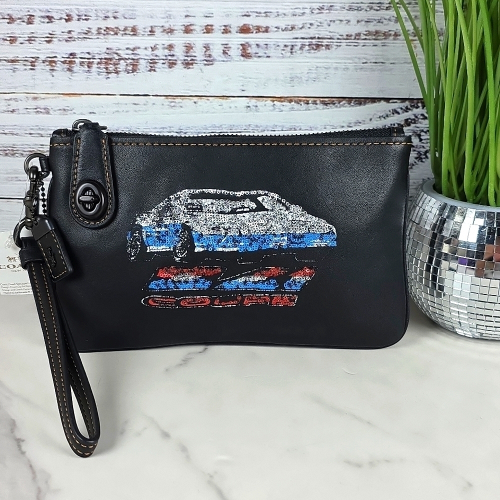 COACH 1941 CAR COUPE BLACK SEQUINS TURNLOCK WRISTLET 21‎ WALLET LTD EDITION - Picture 2 of 16
